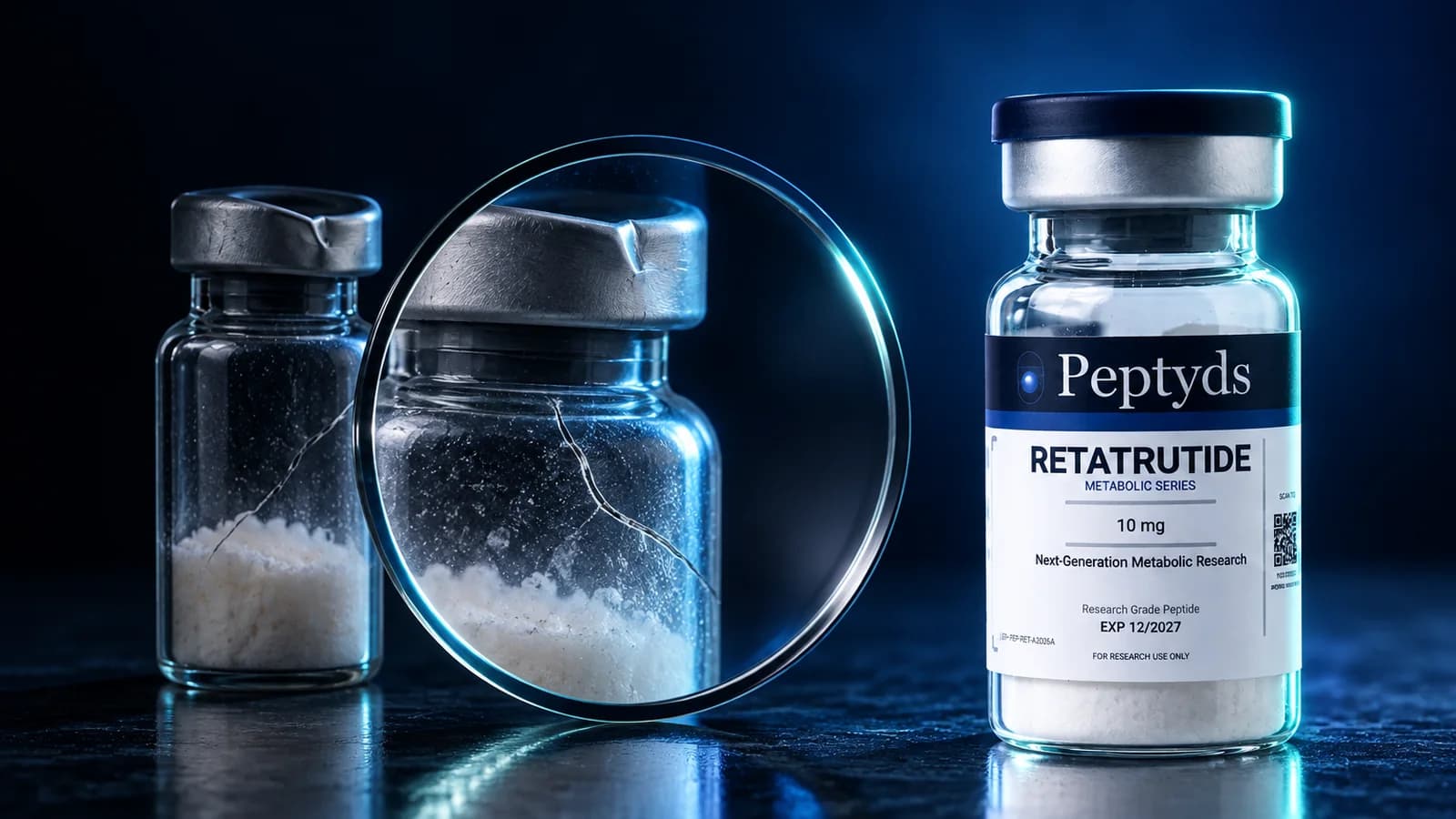 Ein gesprungenes, unbeschriftetes Vial, durch eine Glaslinse vergrößert, neben einem intakten, versiegelten Retatrutide-Forschungs-Vial von Peptyds auf einer dunklen Arbeitsfläche.