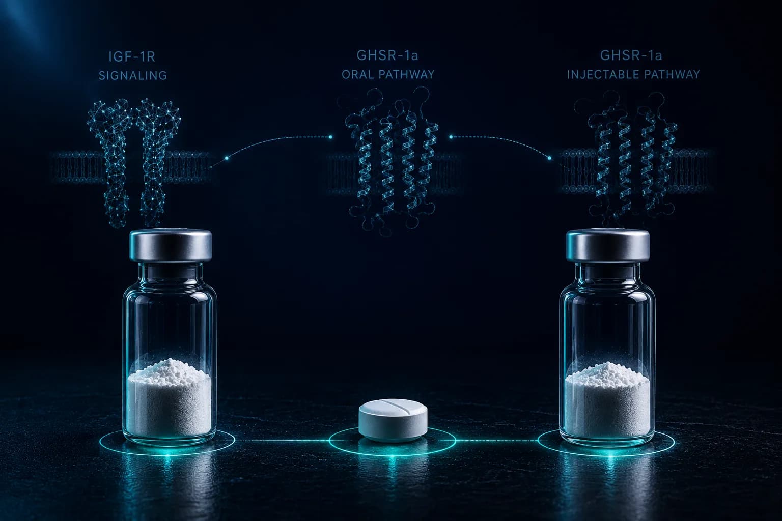 Three peptide vials photographed at editorial angles on a navy laboratory surface — illustrating a structural comparison of three molecules that converge on the GH/IGF-1 axis from different mechanistic starting points.