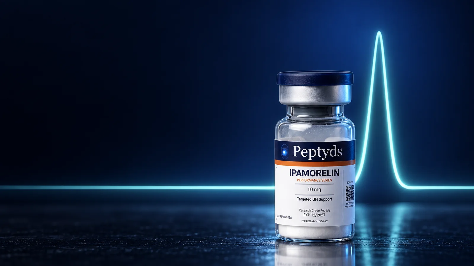 A sealed Peptyds ipamorelin research vial on a dark surface, with a single sharp peak of mint light rising from a flat line behind it.
