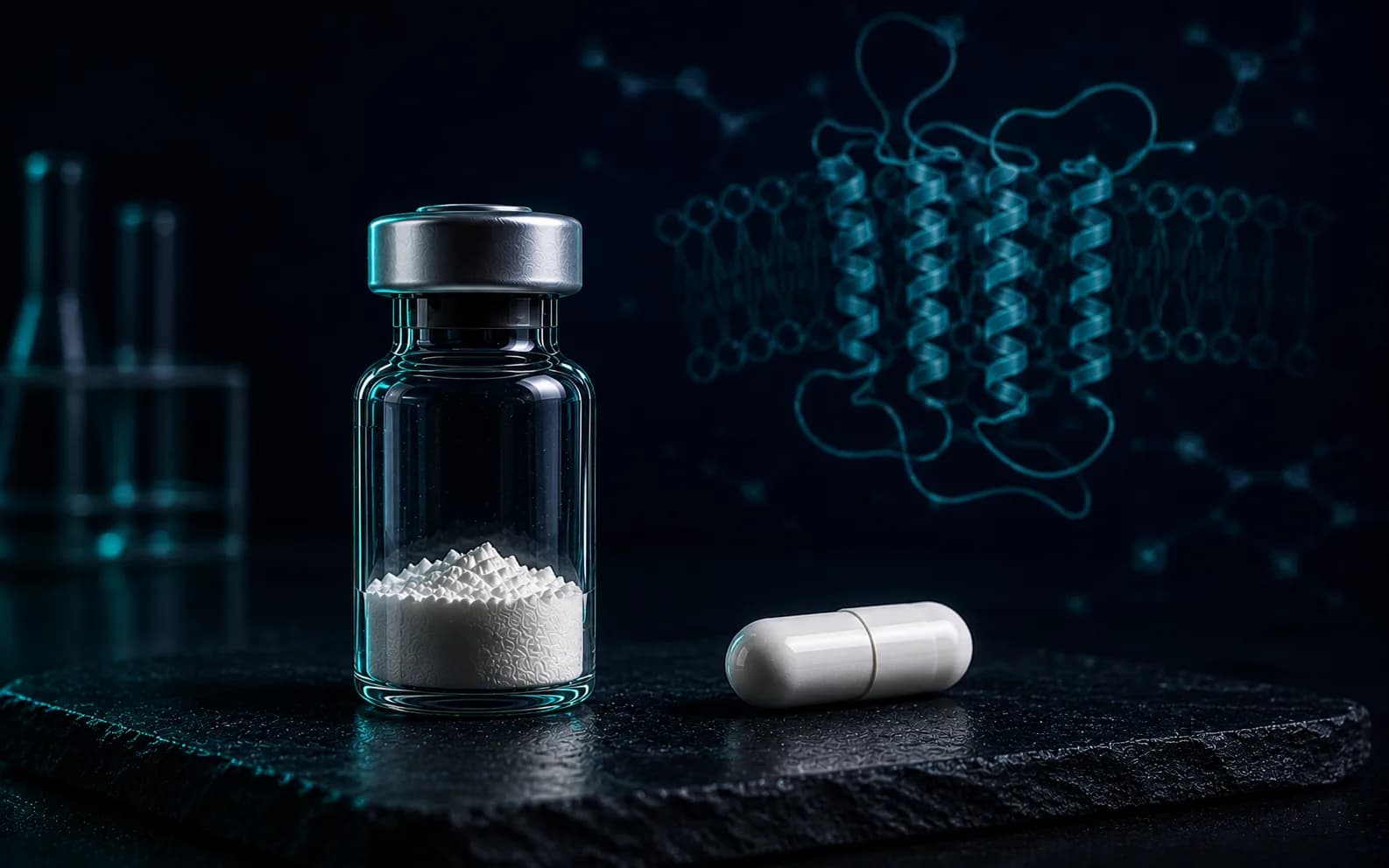 An unlabeled lyophilised peptide vial beside a small unmarked oral capsule on a navy lab surface, suggesting an injectable-versus-oral research comparison.