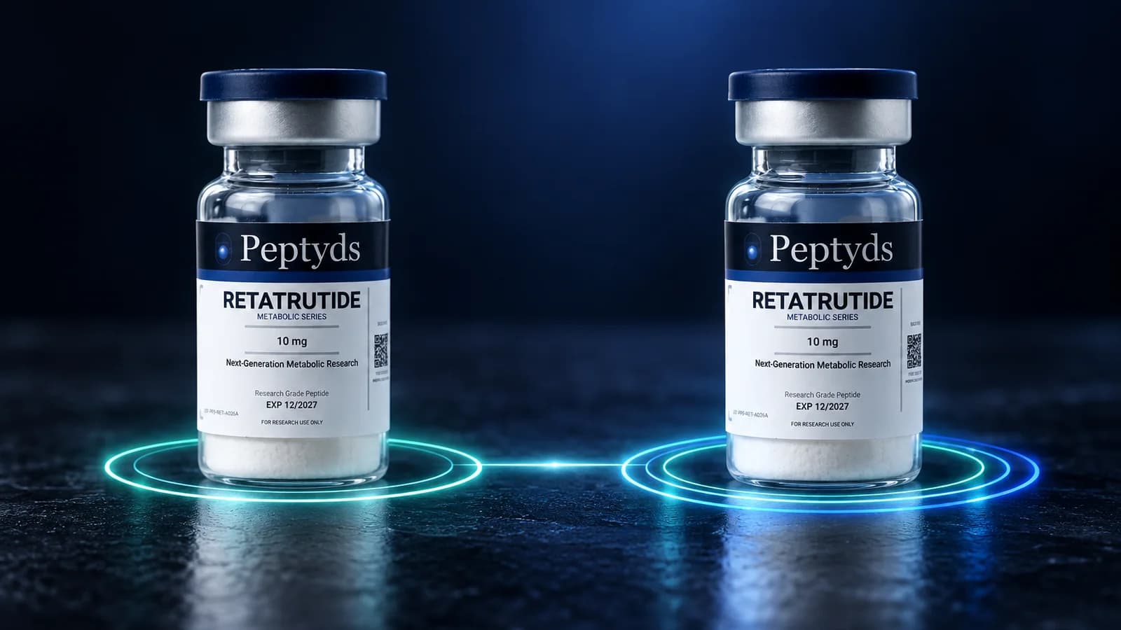 Two sealed Peptyds retatrutide research vials on separate rings of blue light, joined by a thin beam across a dark surface.