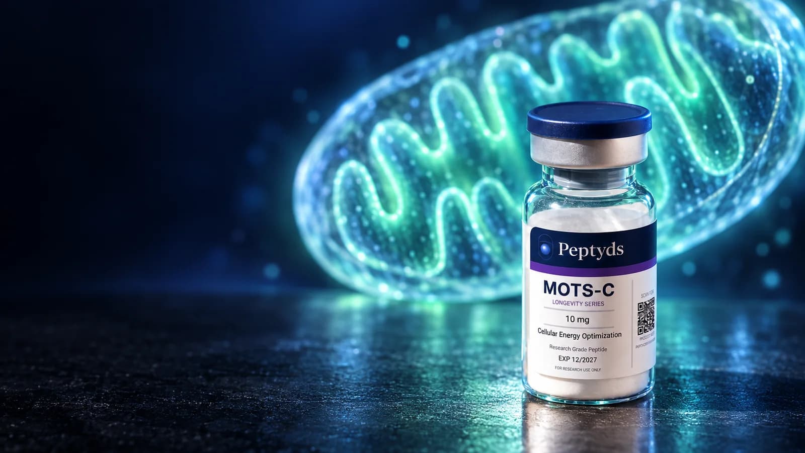A sealed Peptyds MOTS-c research vial in front of a glowing, translucent mitochondrion drawn in mint and teal light.