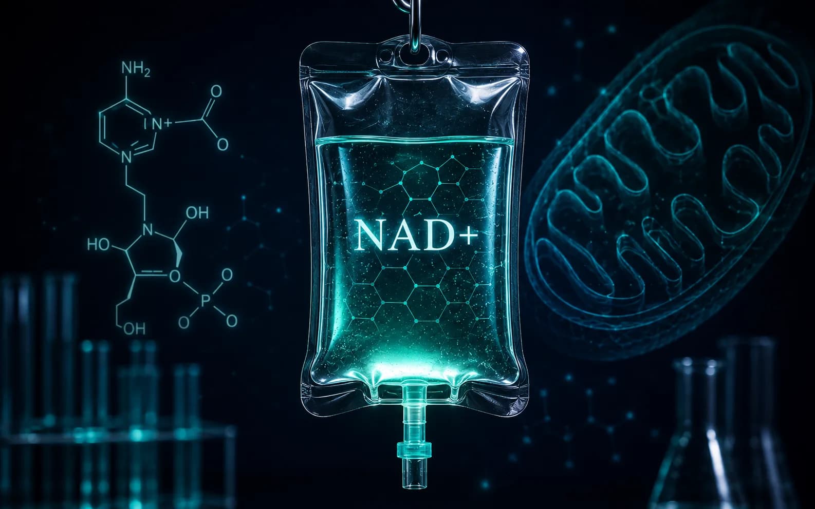 Abstracte illustratie van de NAD+-dinucleotide-structuur met adenine- en nicotinamide-groepen verbonden door een fosfaatketen op een donkerblauwe labtafel.