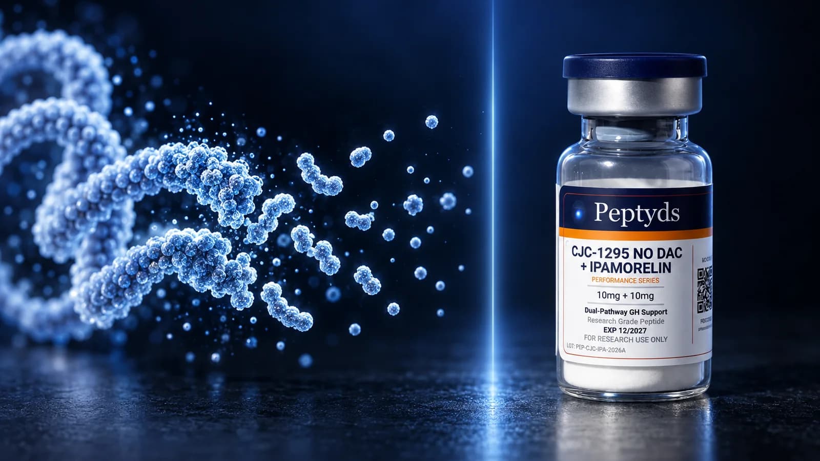 Strands of blue molecular beads breaking into loose particles on one side of a beam of light, and a sealed Peptyds research vial on the other.