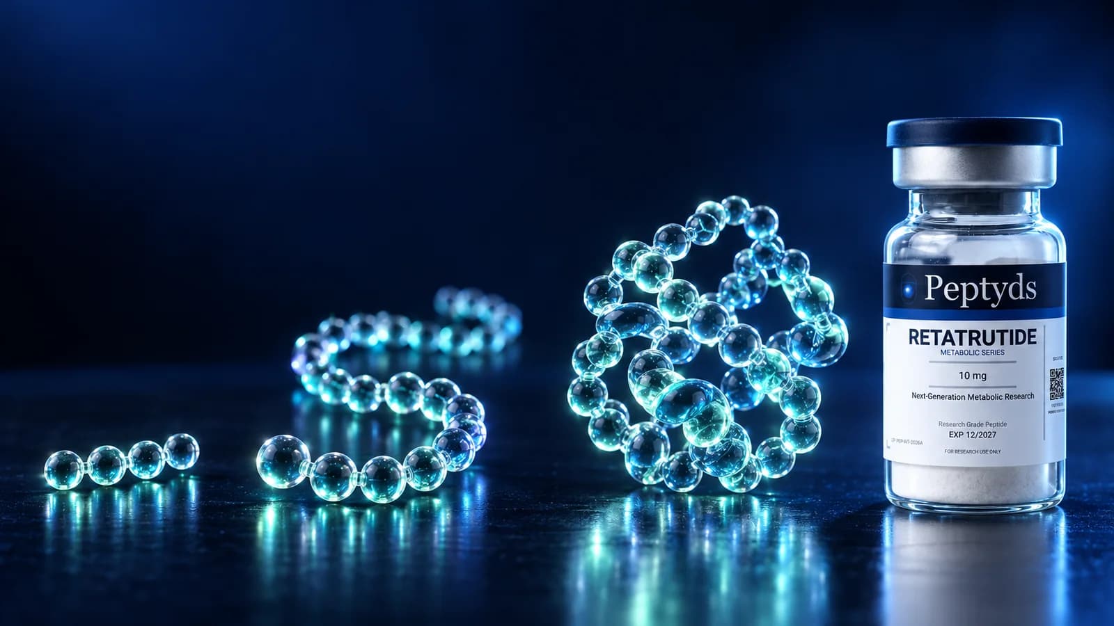 Chains of glass beads growing from a short strand to a long chain to a folded cluster, beside a sealed Peptyds research vial on a dark surface.