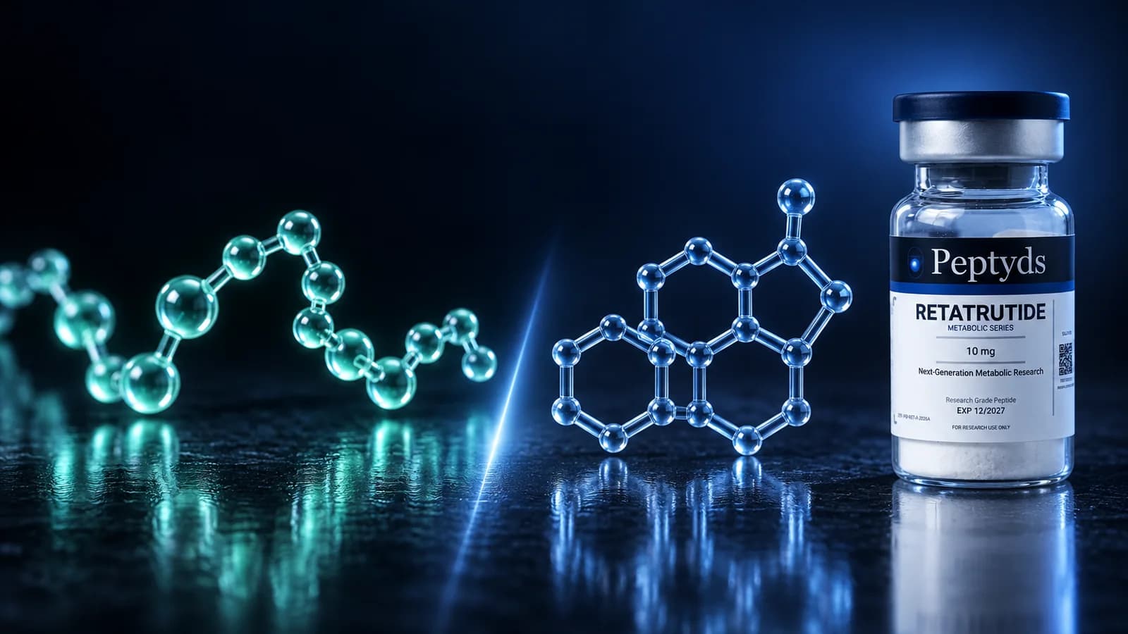 A flexible chain of glass beads and a rigid four-ring glass skeleton divided by a beam of light, beside a sealed Peptyds research vial.