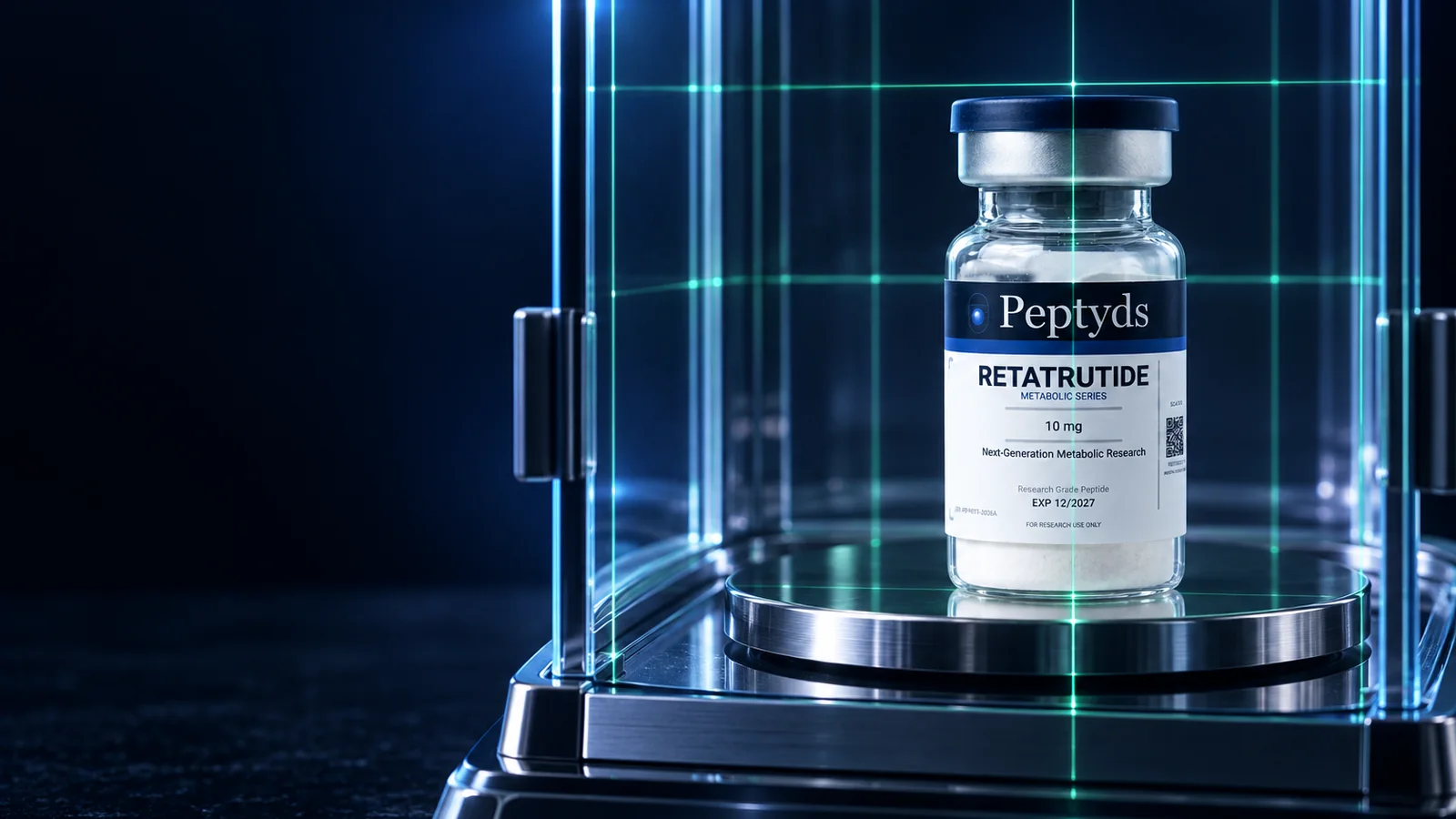 Ein versiegeltes Forschungs-Vial von Peptyds auf der Wägeschale einer Analysenwaage, innerhalb ihres gläsernen Windschutzes, beleuchtet von einem mintgrünen Raster.