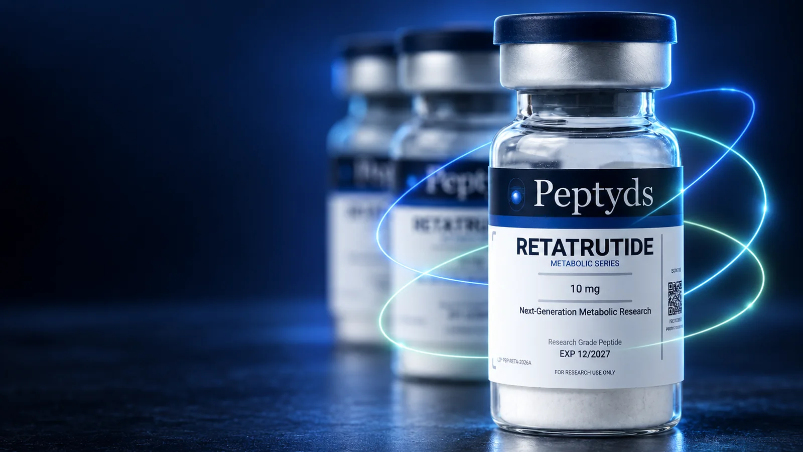 A sealed Peptyds retatrutide research vial encircled by tilted orbits of mint and blue light, with two more vials out of focus behind it.