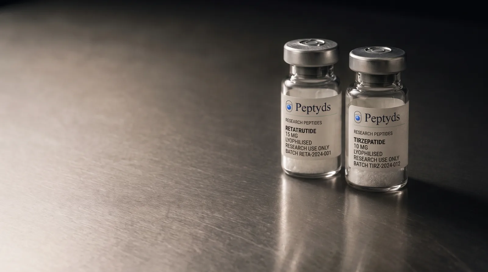 Two lyophilised research peptide vials standing side by side on a brushed stainless laboratory bench, lit from the left with the bench falling away into shadow