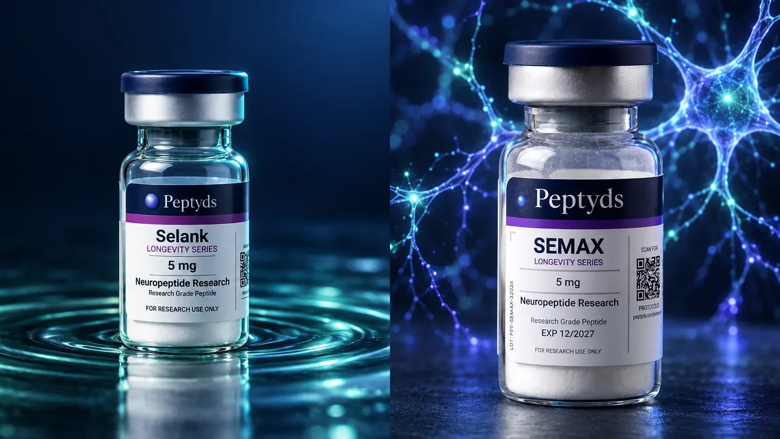Zwei versiegelte Forschungs-Vials von Peptyds, Selank und Semax, nebeneinander auf einer dunklen Laborfläche.
