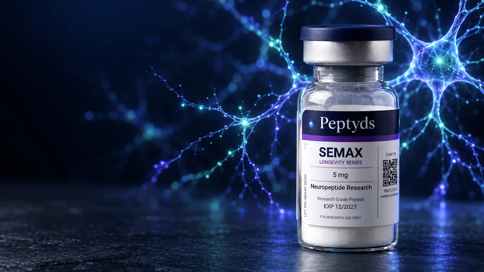 A sealed Peptyds semax research vial in front of a glowing network of blue and violet neurons on a dark background.