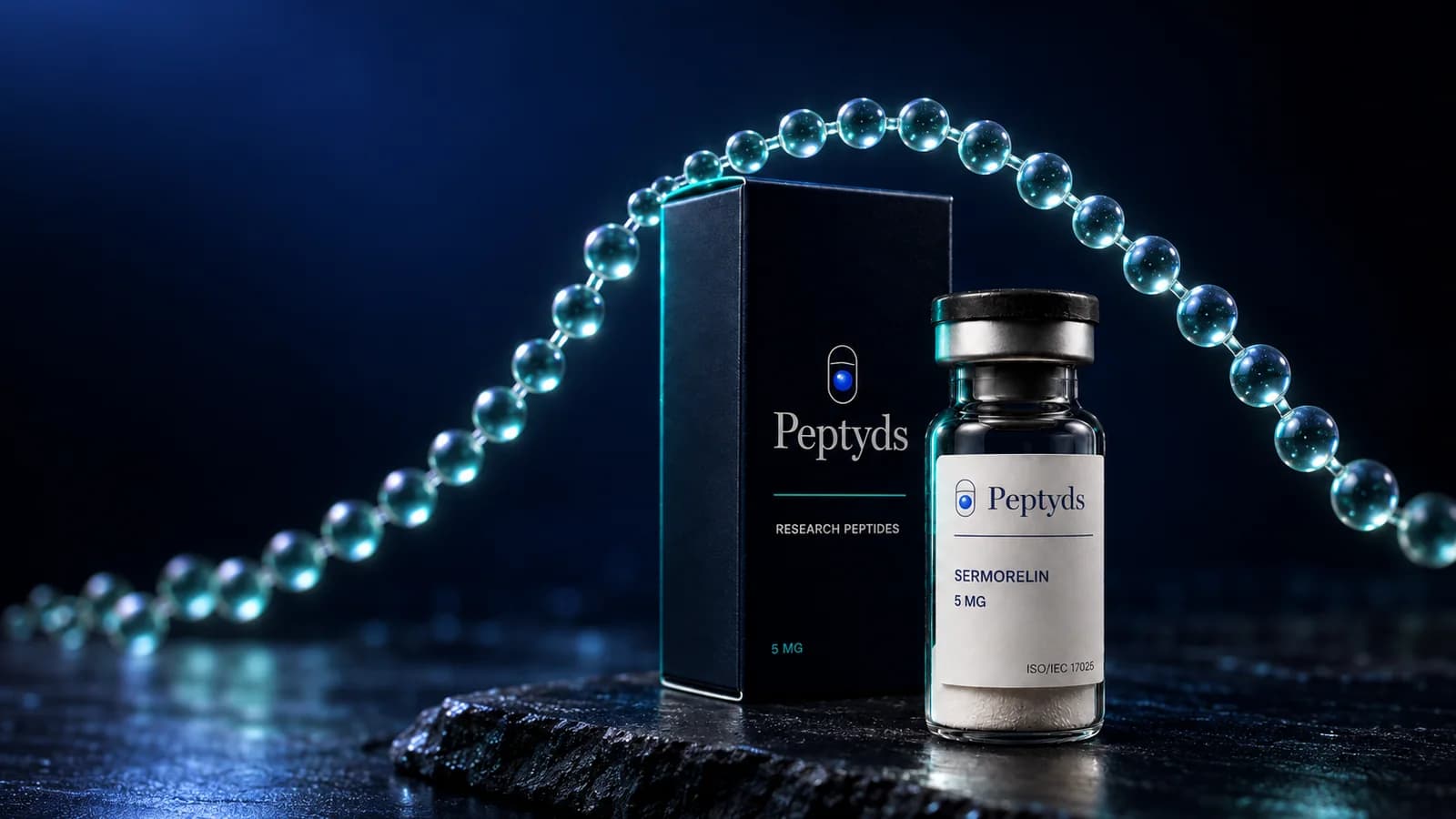 A sealed sermorelin research vial and its black Peptyds carton on a dark stone plinth, beneath an arc of glass beads.