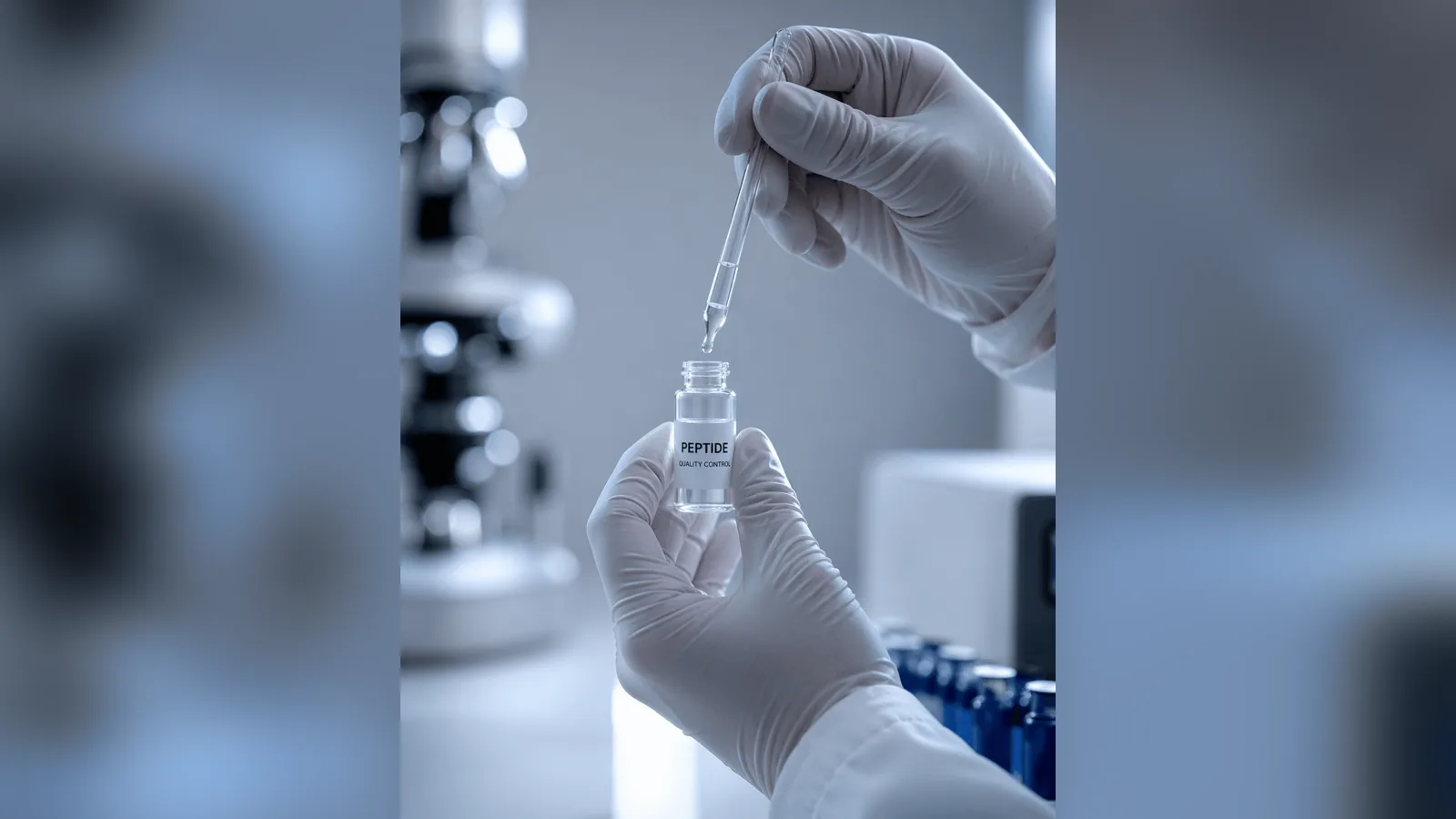 Manos con guantes sostienen un vial pequeño y una pipeta en un laboratorio.