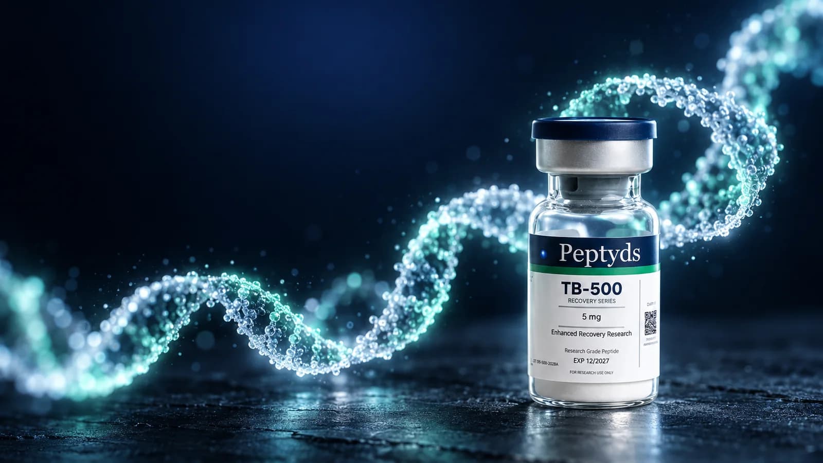 A sealed Peptyds TB-500 research vial beside a glowing helix of glass beads in mint and blue light on a dark surface.