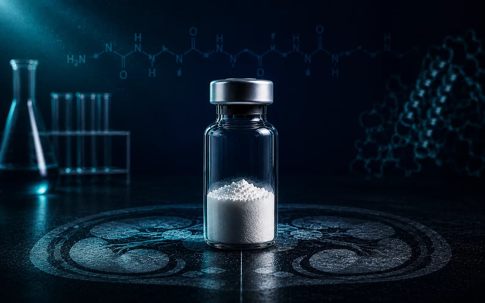 A lyophilised peptide vial photographed at an editorial angle on a dark navy surface beside a closed clinical-trial notebook, illustrating tesamorelin's clinical-trial research context.