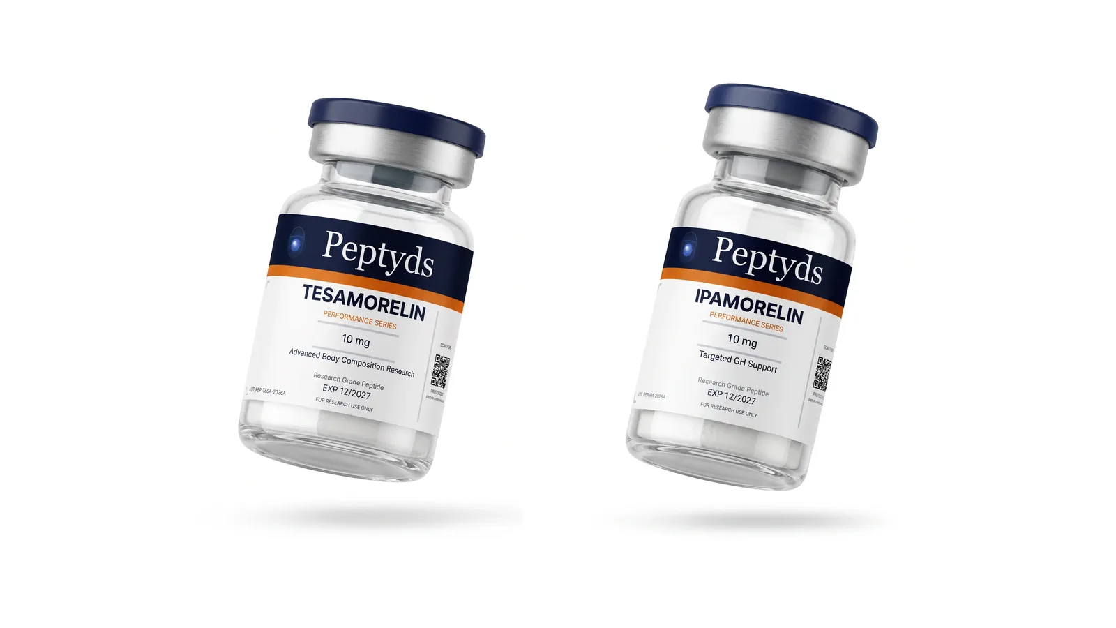 Peptyds tesamorelin and ipamorelin research vials side by side on a white background.
