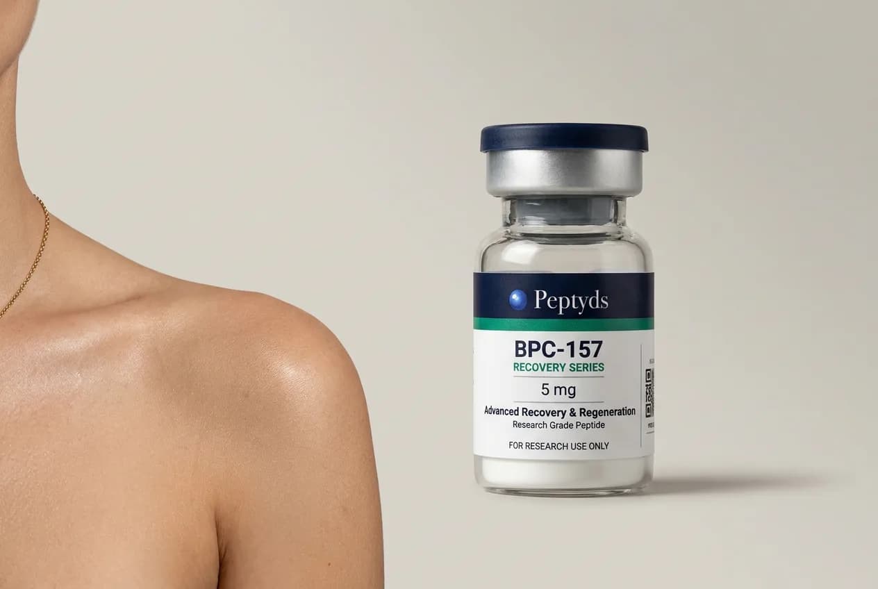 5 mg vial lyophilised vial of BPC-157 Complex, ISO/IEC 17025 lab-verified, Peptyds packaging