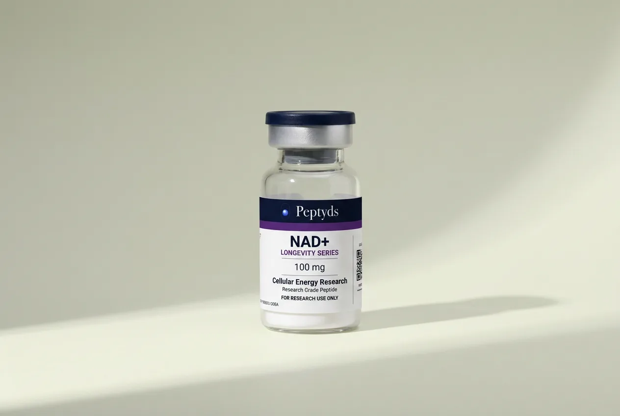100 mg vial lyophilised vial of NAD+, ISO/IEC 17025 lab-verified, Peptyds packaging