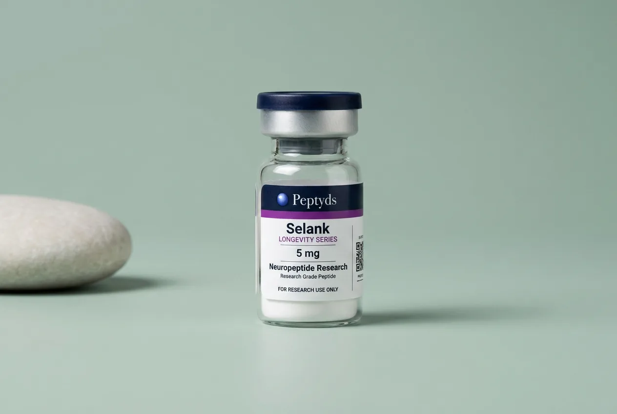 5 mg vial lyophilised vial of Selank, ISO/IEC 17025 lab-verified, Peptyds packaging