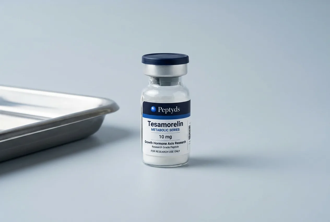 5 mg vial lyophilised vial of Tesamorelin, ISO/IEC 17025 lab-verified, Peptyds packaging