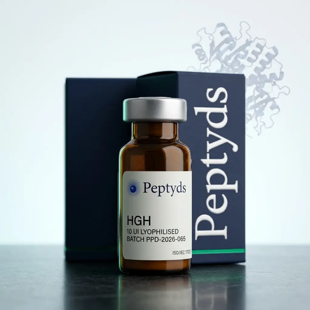 10ui lyophilised vial of HGH 10ui, ISO/IEC 17025 lab-verified, Peptyds packaging