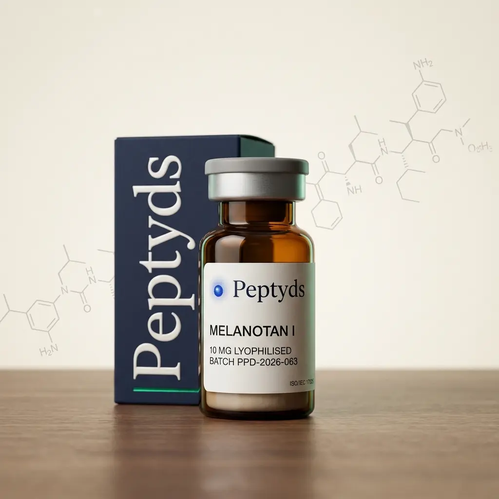 10mg lyophilised vial of Melanotan I 10mg, ISO/IEC 17025 lab-verified, Peptyds packaging