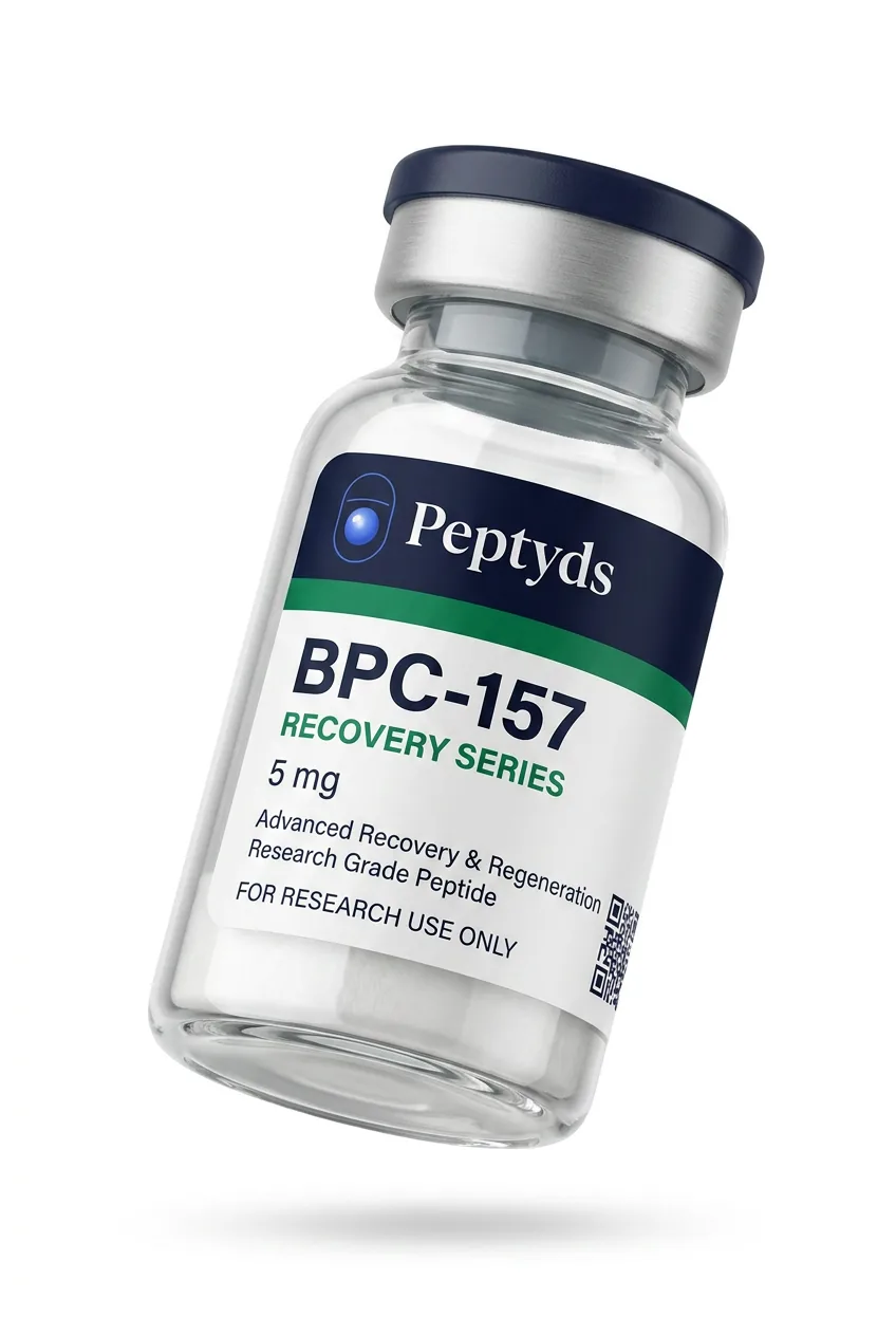 5 mg vial lyophilised vial of BPC-157 Complex, ISO/IEC 17025 lab-verified, Peptyds packaging