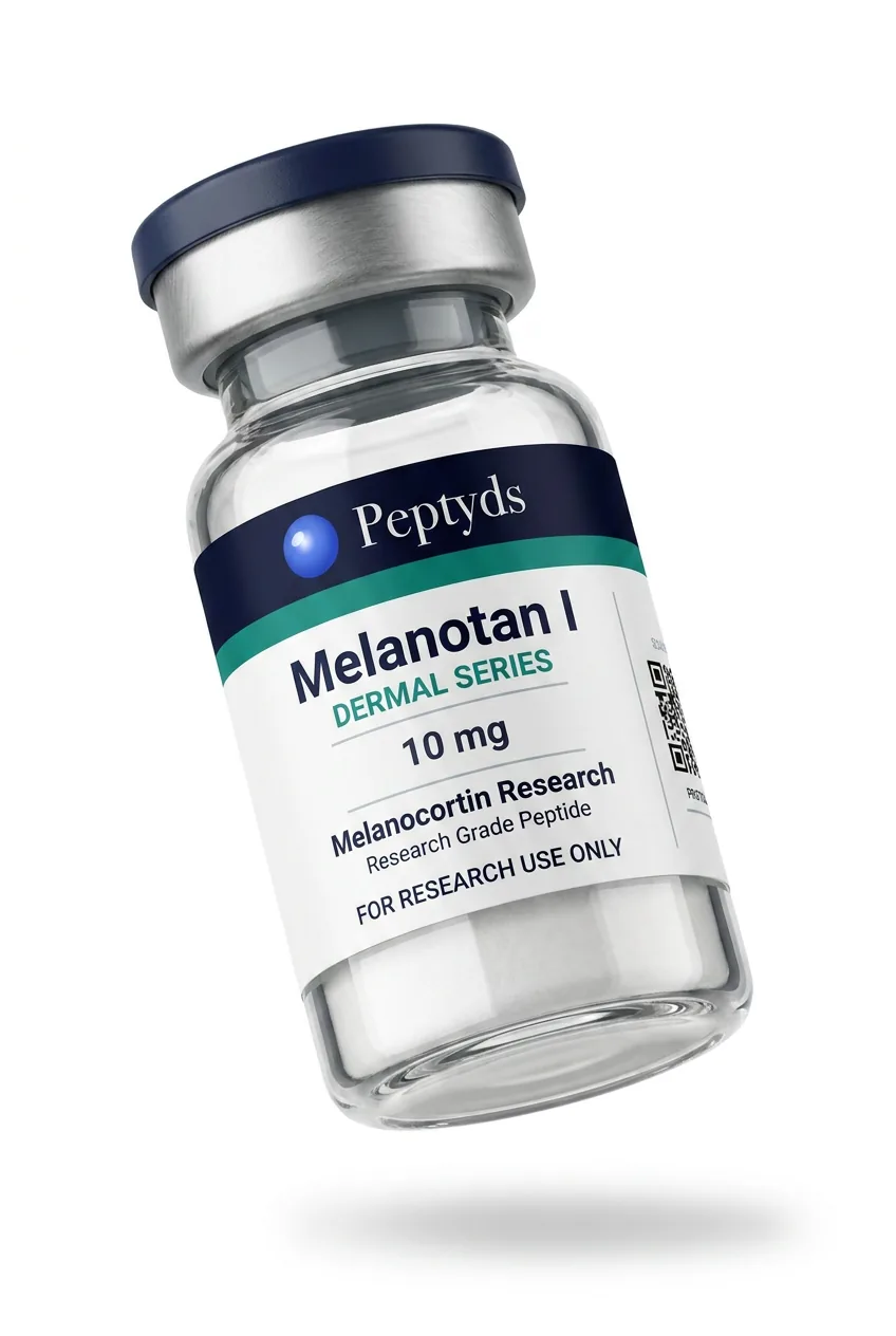 10 mg vial lyophilised vial of Melanotan I, ISO/IEC 17025 lab-verified, Peptyds packaging