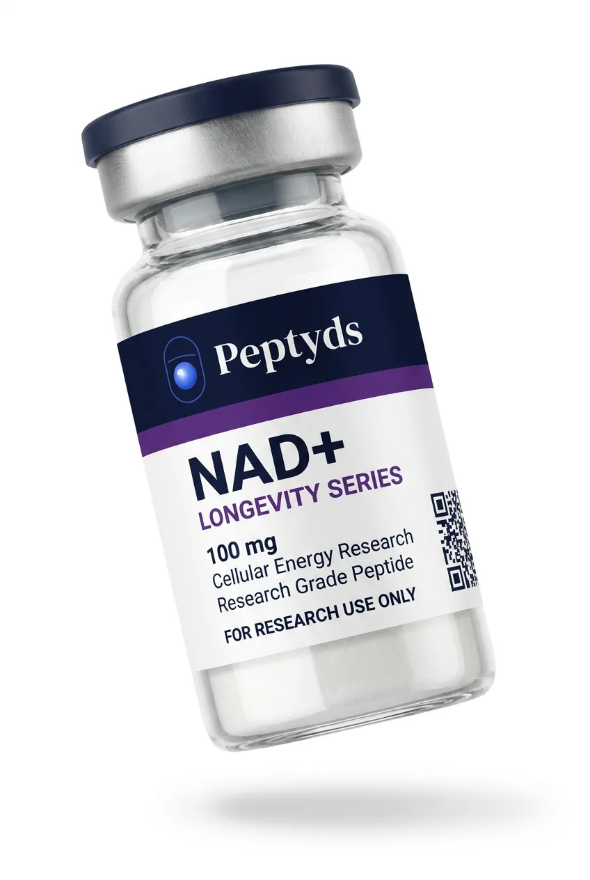 100 mg vial lyophilised vial of NAD+, ISO/IEC 17025 lab-verified, Peptyds packaging