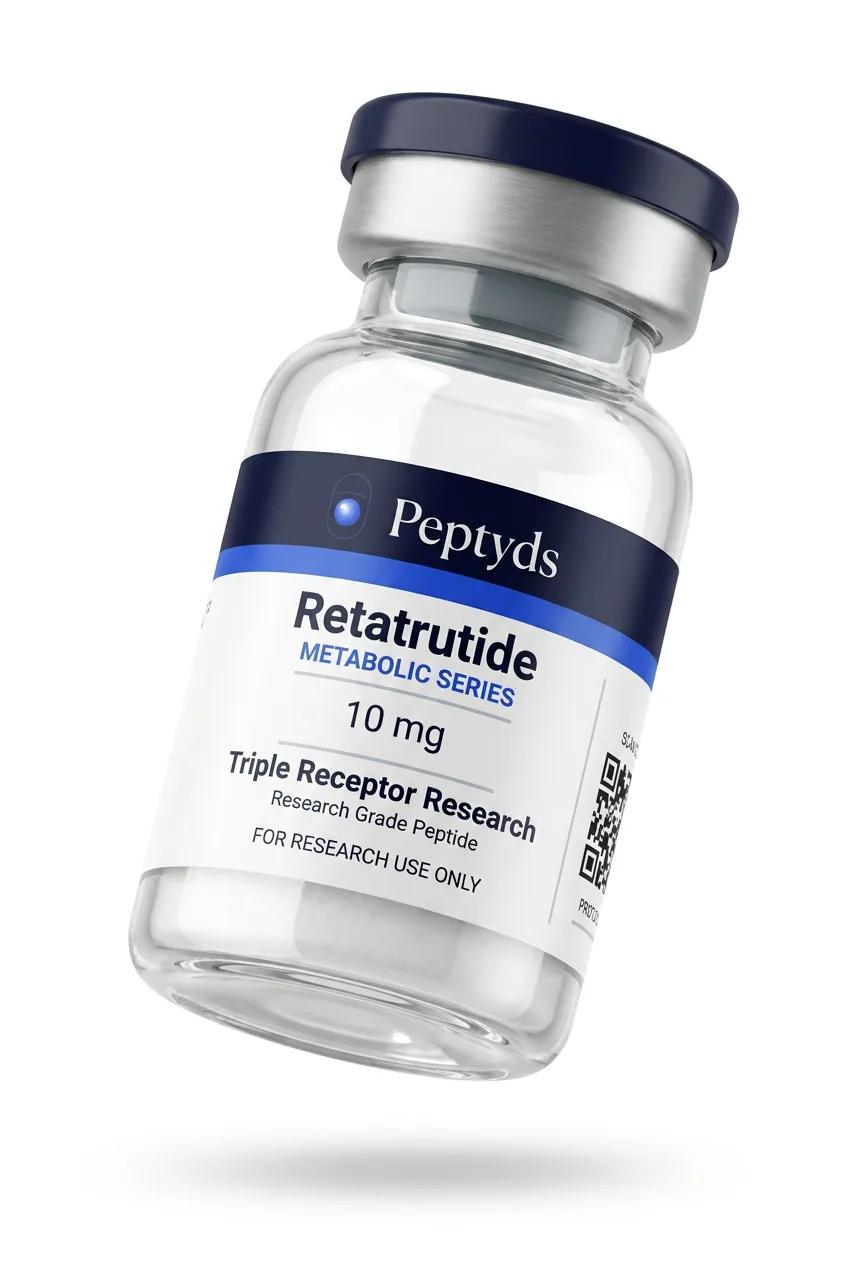 10 mg vial lyophilised vial of Retatrutide, ISO/IEC 17025 lab-verified, research-use-only, Peptyds packaging