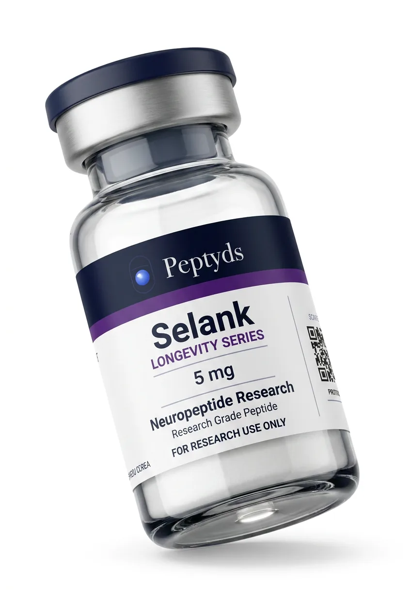 5 mg vial lyophilised vial of Selank, ISO/IEC 17025 lab-verified, Peptyds packaging