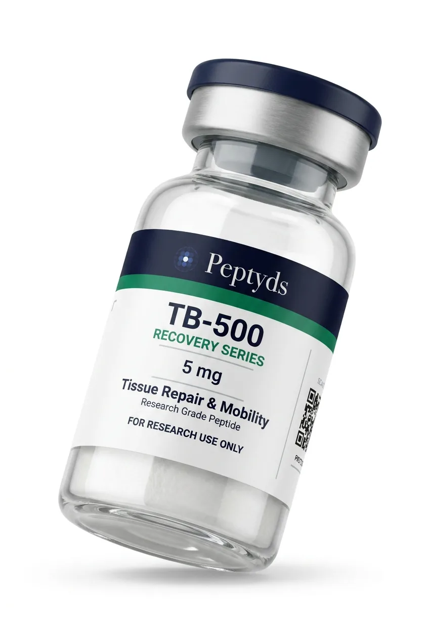 5 mg vial lyophilised vial of TB-500, ISO/IEC 17025 lab-verified, Peptyds packaging
