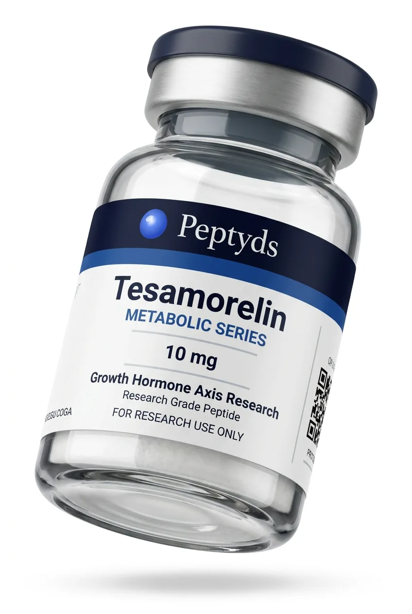 5 mg vial lyophilised vial of Tesamorelin, ISO/IEC 17025 lab-verified, Peptyds packaging