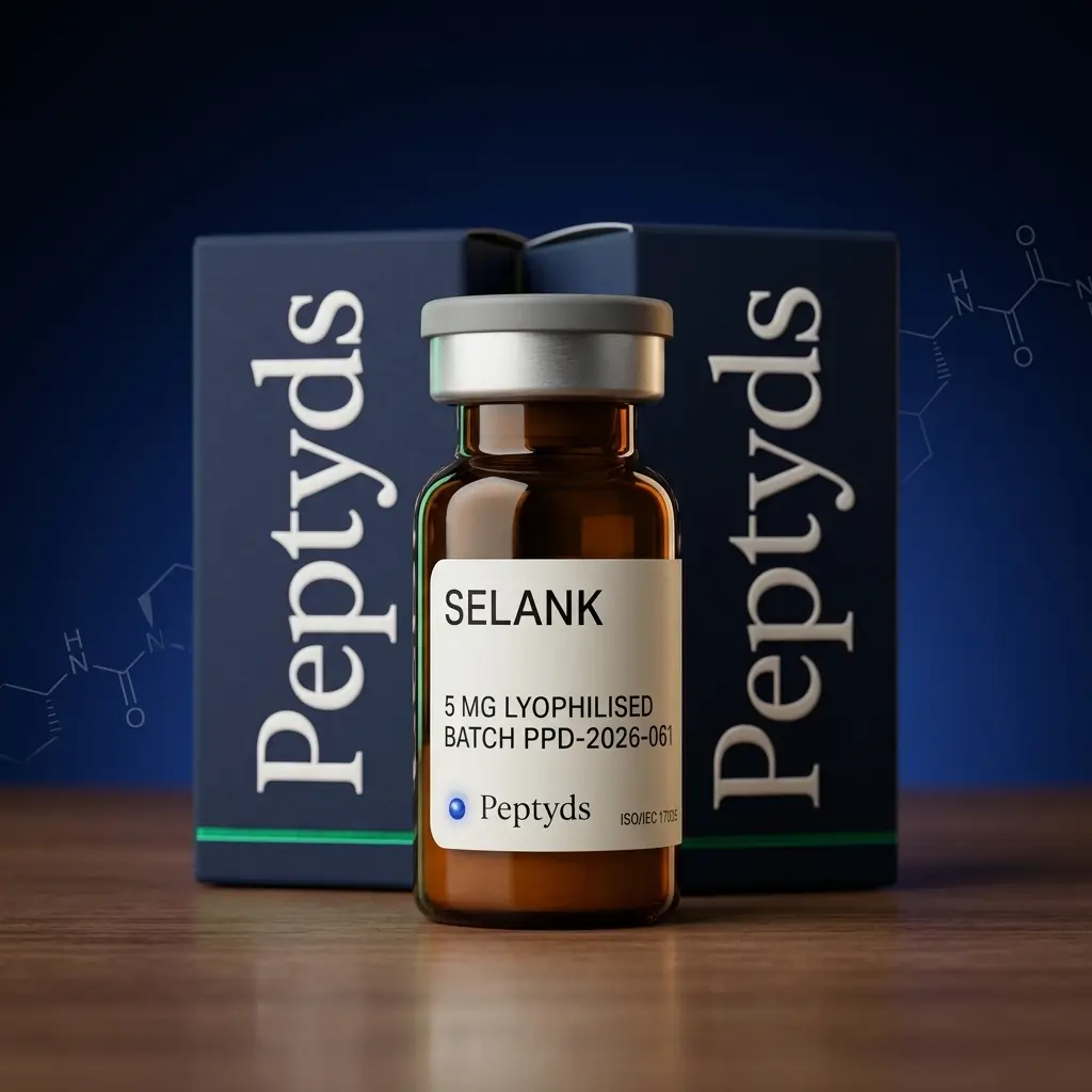5mg lyophilised vial of Selank 5mg, ISO/IEC 17025 lab-verified, Peptyds packaging