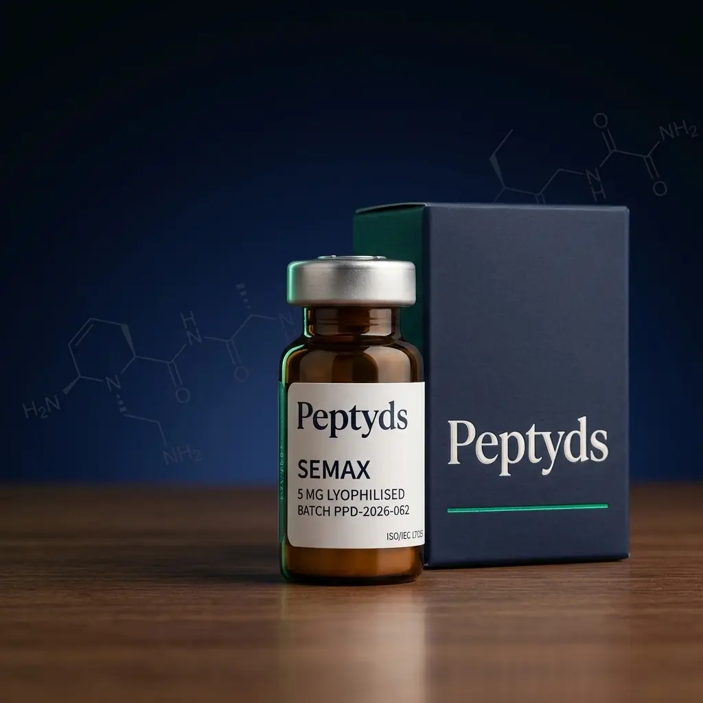 5mg lyophilised vial of Semax 5mg, ISO/IEC 17025 lab-verified, Peptyds packaging