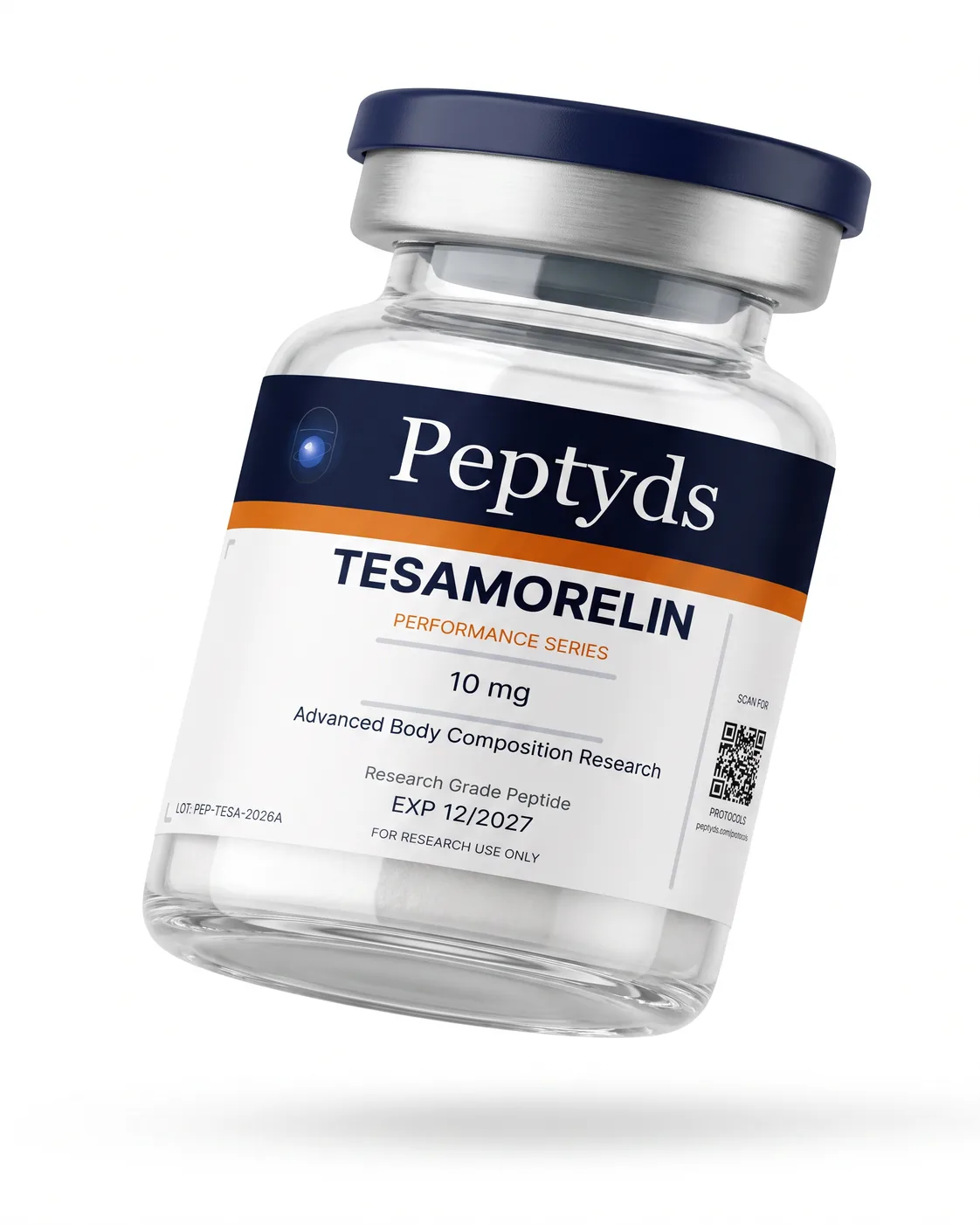 5 mg vial lyophilised vial of Tesamorelin, ISO/IEC 17025 lab-verified, Peptyds packaging